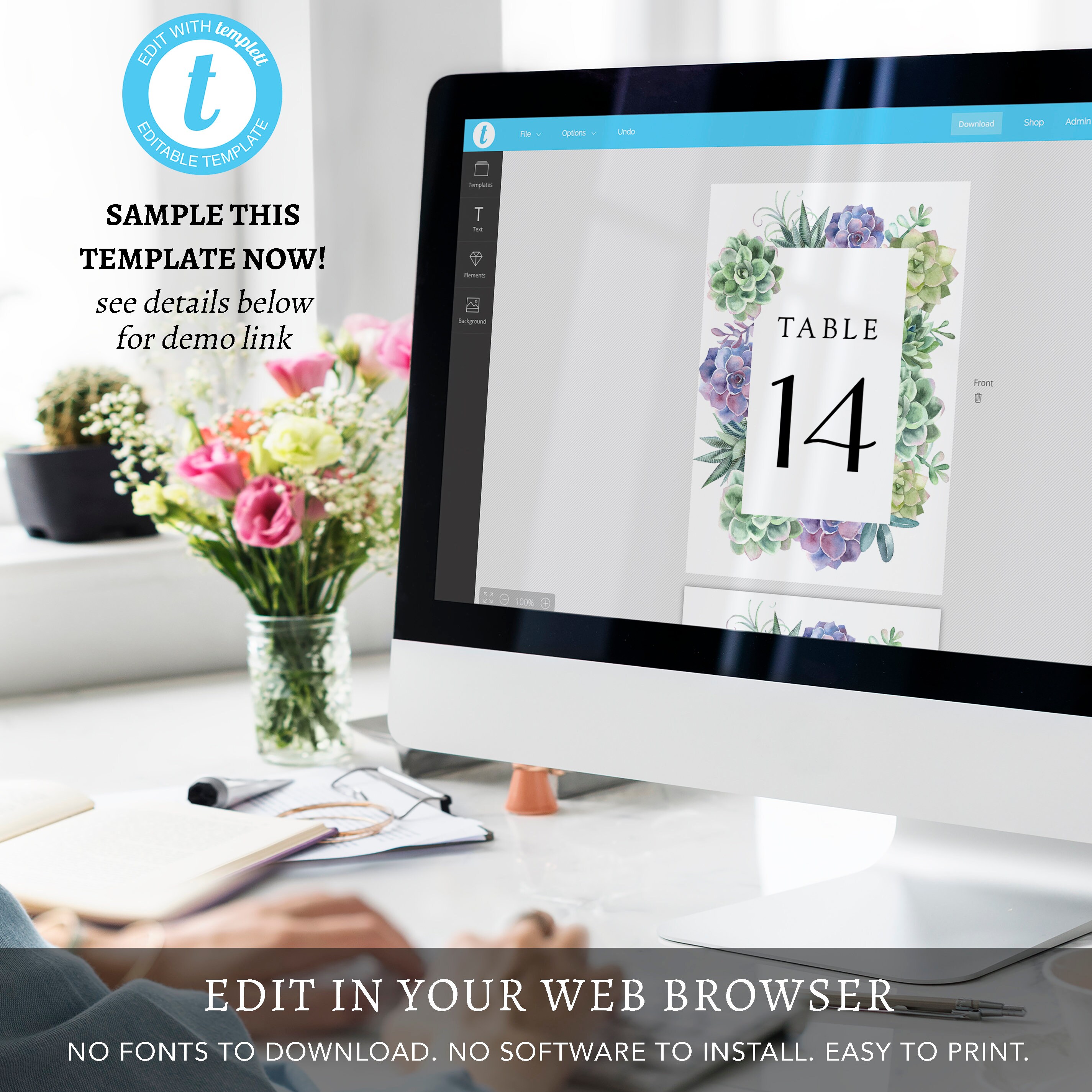 Succulents Table Number, INSTANT DOWNLOAD, 100% Editable Text ...