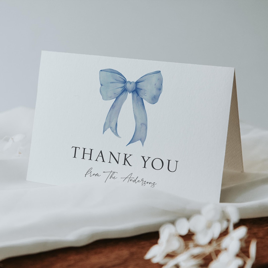 Blue Bow Baby Boy Shower Thank You Card Template, Templett Printable - Etsy