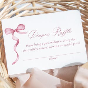 Rosa Schleife Windel Verlosung druckbare Einlegekarte, Baby Mädchen Windel Anfrage Dusche Karte, Windel Ticket Vorlage, bearbeiten und drucken heute
