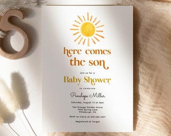 May include: A baby shower invitation with a watercolor sun illustration. The text reads "Here Comes the Son" in a warm, golden font. Details include the date, time, location, and RSVP information. The invitation is on a white background.