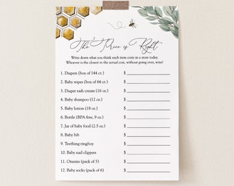 Golden Bee and Eucalyptus Baby Shower Game Card, The Price is Right, Printable Instant Download #AP10