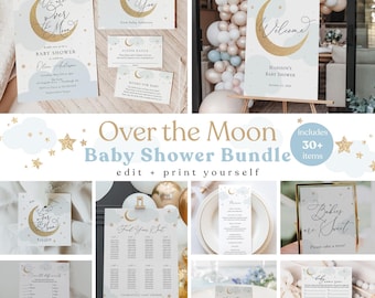 Over the Moon Baby Shower Printable Bundle | Blue and Gold Stars | Editable Invitations, Signs & Games