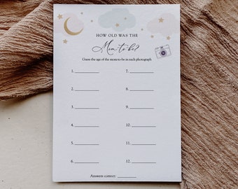Over the Moon, How old was the mom to be, Baby Shower Photo Game, Pink and Blue Clouds, Printable Template, INSTANT DOWNLOAD, #AP3bp_BBG