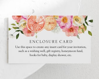 Custom Enclosure Card, Orange Citrus and Pink Floral Shower Insert Card, Printable Template, Instant Download