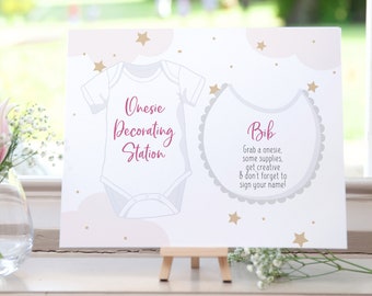 Over the Moon Onesie and Bib Decorating Station, Baby Shower Printable Sign, Pink Clouds Gold Stars, Printable Instant Download #AP3p_BBS