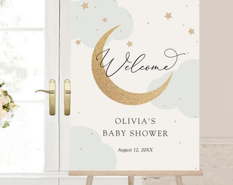 Moon and Stars Shower Welcome Sign, Baby Shower, Blue Clouds, Printable Template, Instant Download