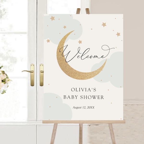 Cartello di benvenuto con luna e stelle, baby shower, nuvole blu, modello stampabile, download istantaneo