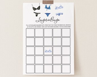 Lingerie Bridal Shower Bingo Game Printable card, Blue, Printable Template, Instant Download #AP21