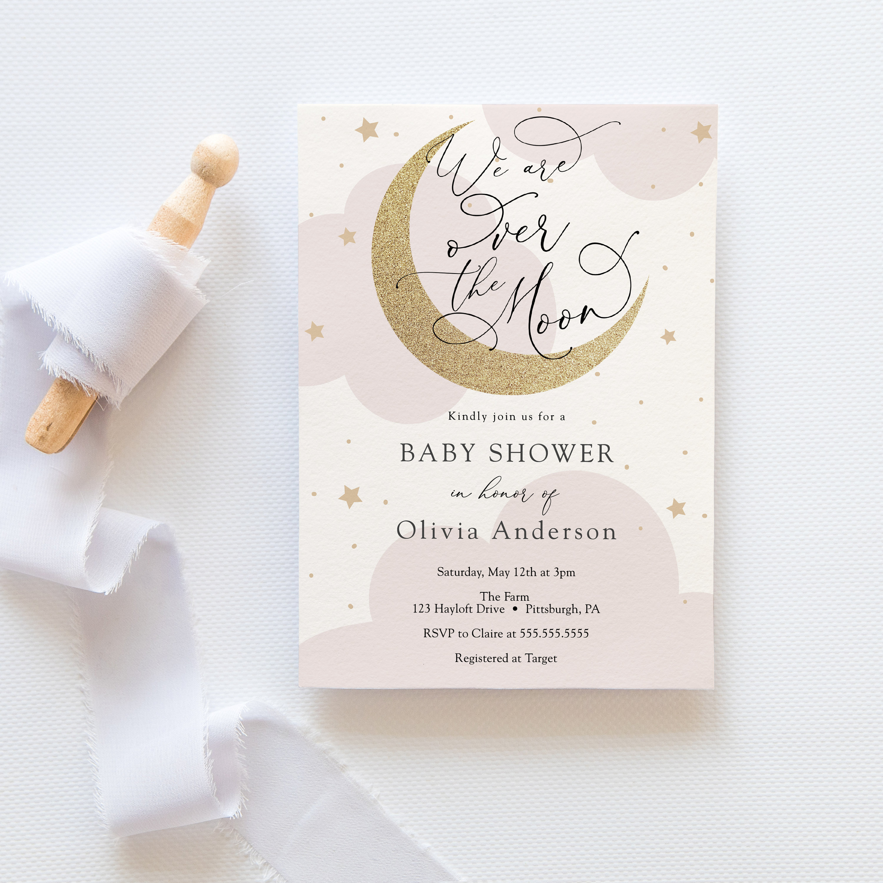 Over the Moon Twinkle Little Star Baby Shower Invitation Stars and Moon