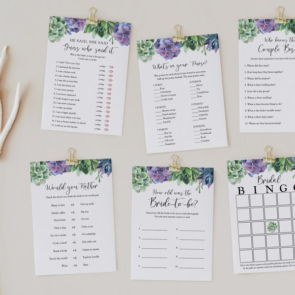 Bridal Shower Game Game Bundle, Purple and Green Succulents, 6 Editable Templates, Customize Name & Questions, INSTANT DOWNLOAD #AP1