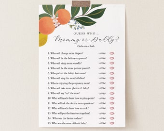 Guess Who Mommy or Daddy Printable card, Orange Little Cutie Baby Shower Game, Template, Instant Download #AP11