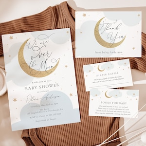 Over the Moon Baby Shower Invitation Set, Baby Boy Printable Invite Set with Diaper and Books Inserts and Thank You Card, Digital Download image 2