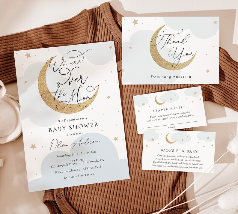 Over the Moon Baby Shower Invitation Set, Baby Boy Printable Invite Set with Diaper and Books Inserts and Thank You Card, Digital Download image 2