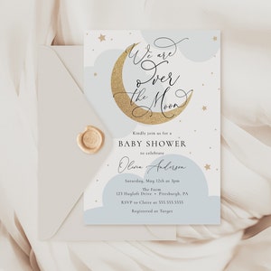 Over the Moon Baby Shower Invitation Set, Baby Boy Printable Invite Set with Diaper and Books Inserts and Thank You Card, Digital Download image 3