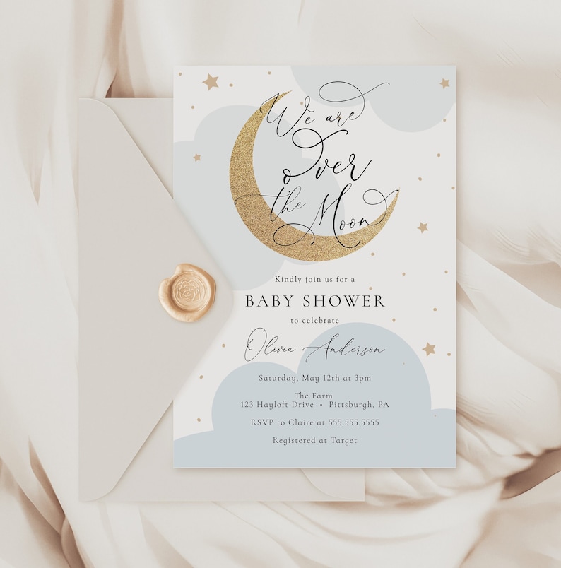 Over the Moon Baby Shower Invitation Set, Baby Boy Printable Invite Set with Diaper and Books Inserts and Thank You Card, Digital Download image 3