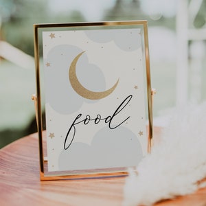 Over the Moon Food Sign, Gold Moon, Blue Clouds, Printable Instant Download #AP3b_Sign