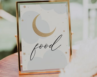 Over the Moon Food Sign, Gold Moon, Blue Clouds, Printable Instant Download #AP3b_Sign