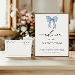 Plantilla de tarjeta y letrero con consejos para bebés con lazo azul / Actividad de juego para baby shower / Letrero con deseos para padres / Descarga e imprime hoy