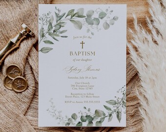Baptism Invitation Template, Eucalyptus Greenery Instant Download, Printable Christening Baby Dedication Card, Editable Digital Invitation