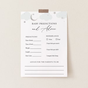 Over the Moon-kaart babyadvies en voorspellingen, babyshowergames, blauw en zilver, afdrukbare sjabloon, INSTANT DOWNLOAD, #AP3bs_BBG