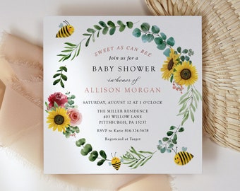 Sweet as Can Bee Sunflower and Roses Baby Shower Invitation, Printable Template, INSTANT DOWNLOAD #30