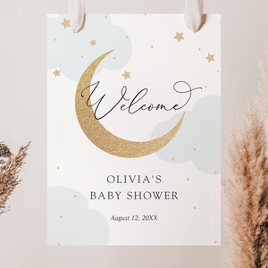 Moon and Stars Shower Welcome Sign, Baby Shower, Blue Clouds, Printable Template, Instant Download image 2