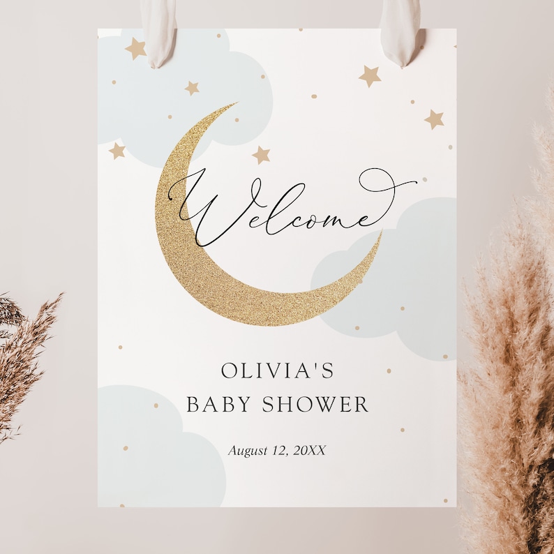 Moon and Stars Shower Welcome Sign, Baby Shower, Blue Clouds, Printable Template, Instant Download image 2