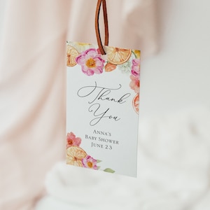 Etichetta di ringraziamento floreale rosa e agrumi arancioni, etichetta di ringraziamento per addio al nubilato, modello stampabile per baby shower, download immediato