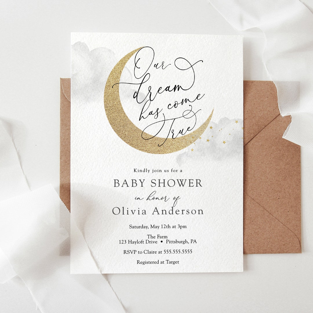 Our Dream Has Come True, Baby Shower Invitation, Over the Moon, Gold