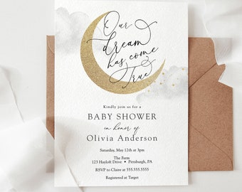Our Dream Has Come True, Baby Shower Invitation, Over the Moon, Gold Twinkle Little Star, Printable Template, INSTANT DOWNLOAD #AP3g_BB