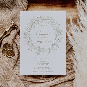 Baby's Breath Wreath First Communion Invitation (Printable 5x7 Template, INSTANT DOWNLOAD)