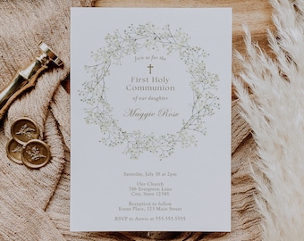 Baby&#39;s Breath Wreath First Communion Invitation (Printable 5x7 Template, INSTANT DOWNLOAD)