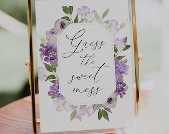 Guess the Sweet Mess Diaper Game, Purple Flowers and Tea, Baby Shower Card and Sign, Printable Instant Download #AP12p