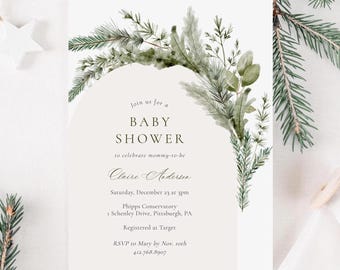 Peut inclure: Une invitation à une baby shower avec un motif floral à l'aquarelle. L'invitation contient le texte : "Rejoignez-nous pour une BABY SHOWER pour célébrer la future maman Claire Anderson." La date et l'heure sont incluses.
