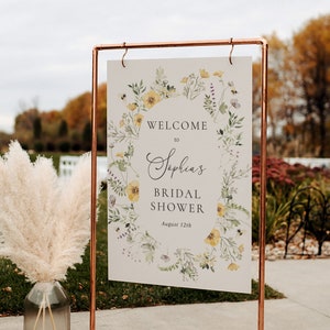 Letrero de bienvenida para despedida de soltera con flores silvestres amarillas, delicada flor silvestre amarilla, plantilla imprimible, descarga instantánea