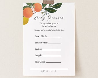 Baby Guesses, Birth Stat Predictions Game, Printable card, Orange Little Cutie Baby Shower Game, Template, Instant Download #AP11