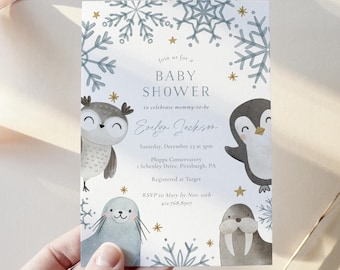 Winter Baby Boy Shower Printable Invite, Penguin Baby Shower Invitation Template, Baby Its Cold Outside Digital Download, Arctic Animals
