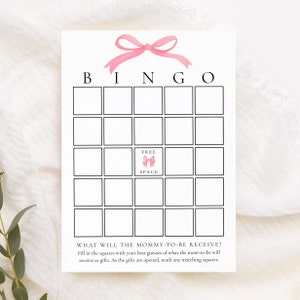 Carte de pronostics et conseils pour bébé fille avec noeud rose | Jeu de Baby Shower | Templett imprimable
