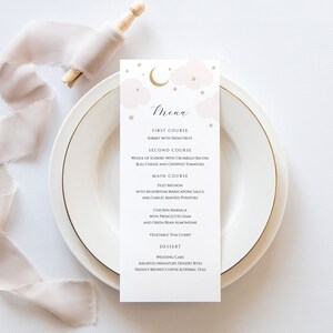 Menu Over the Moon, Baby Shower, Złoty księżyc i gwiazdy, Różowe chmury, Szablon do natychmiastowego pobrania #AP3p_Menu