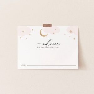 Over the Moon babyshower-advieskaarten, roze wolken en gouden sterren, afdrukbare sjabloon, INSTANT DOWNLOAD #AP3p_BBG