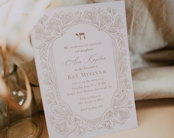 Elegant Floral Arch Bat Mitzvah Invitation | Chai Symbol Invitation | Editable Jewish Girl Template | Religious Invite