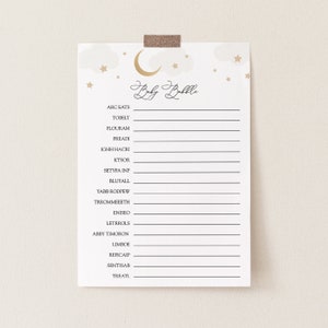 Over the Moon Baby Babble Spiel Karte, Babyparty Spiele, Graue Wolken, druckbare Vorlage, INSTANT DOWNLOAD