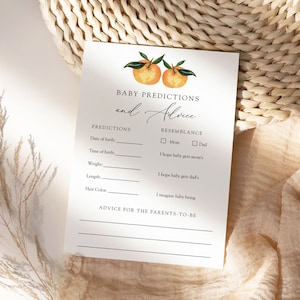 Carte de pronostics et conseils orange Little Cuties pour bébé, jeux de baby shower, modèle imprimable, téléchargement immédiat, #AP9