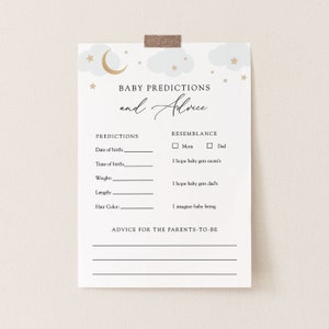 Tarjeta de consejos y predicciones para bebés "Over the Moon", juegos para baby shower, nubes azules, plantilla imprimible, descarga instantánea, #AP3b_BBG