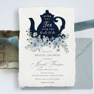 Tea Party Bridal Shower invitation Template, Blue Floral, Wedding, INSTANT DOWNLOAD, 100% Editable Text, Templett, Printable