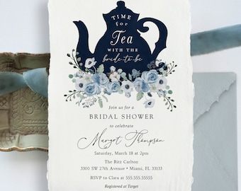 Tea Party Bridal Shower invitation Template, Blue Floral, Wedding, INSTANT DOWNLOAD, 100% Editable Text, Templett, Printable #AP12b