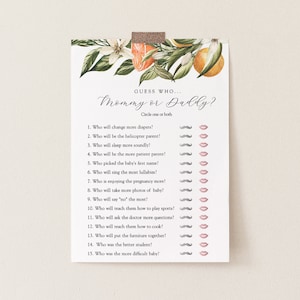 Guess Who mama of papa afdrukbare kaart, oranje klein schatje babyshowerspel, sjabloon, instant download #AP7_BBG