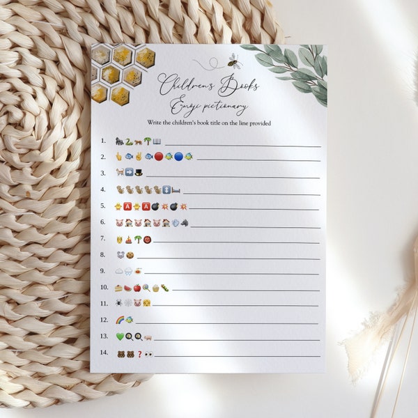 Baby Books Emoji Pictionary, Golden Bee and Eucalyptus Baby Shower Game Card, Printable Instant Download #AP10