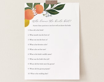 Who Knows the Bride Best Bridal Shower Game, Orange Main Squeeze, Printable card template, Instant Download #AP11