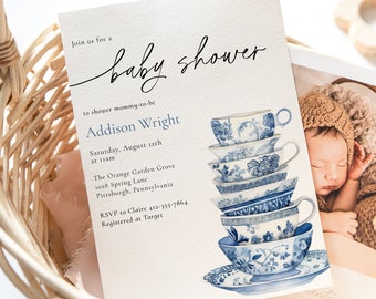 Baby Shower Tea Invitation, Chinoiserie Blue Teacups, Tea Party Invite, Printable Template, Corjl, Instant Download